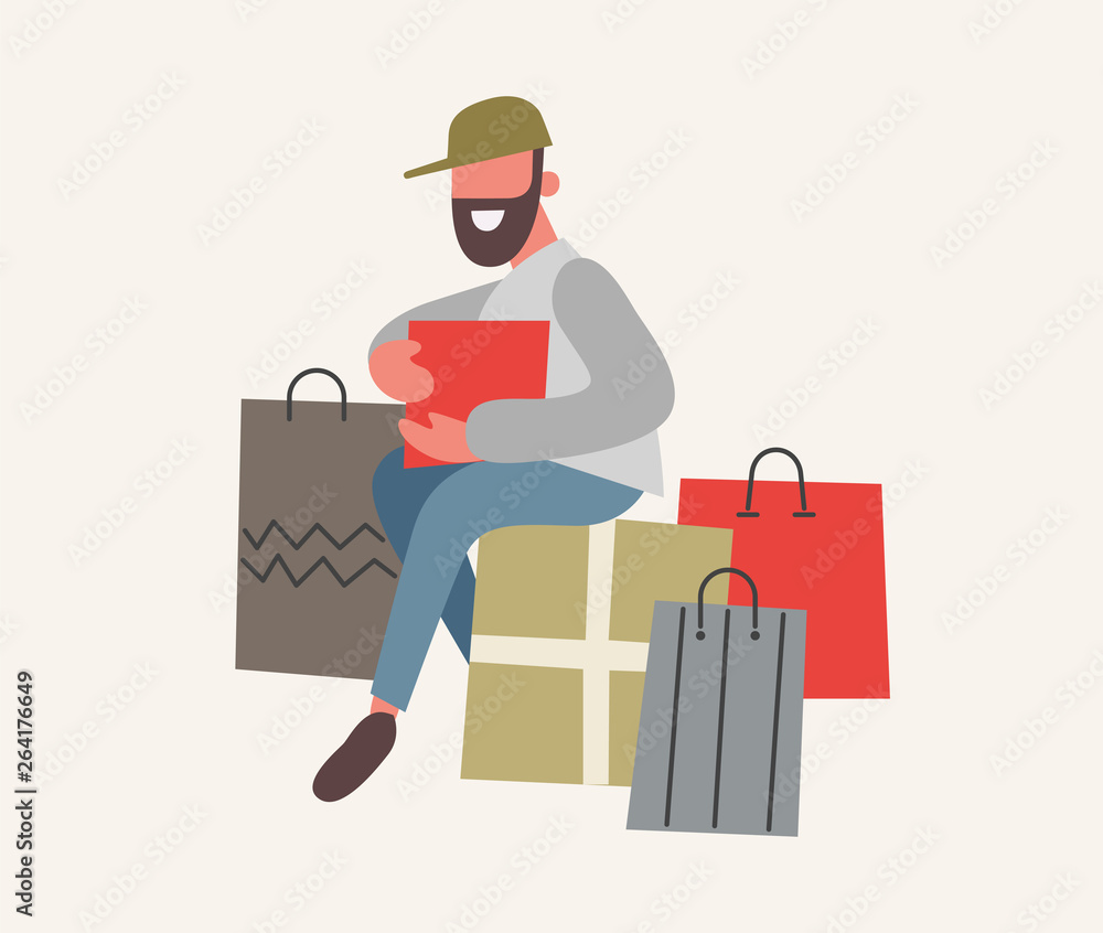 Bearded man and shopping bags with purchases. Sale at store. Flat design, vector illustration.