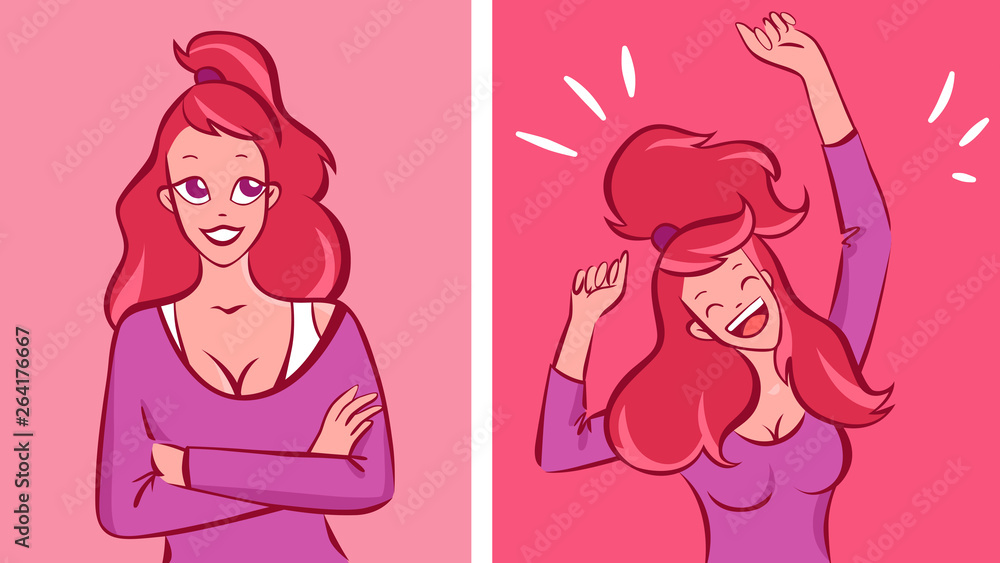 Redhead woman with ponytail feels calm and then very happy illustrations Redhead woman with ponytail feels calm and then very happy illustrations