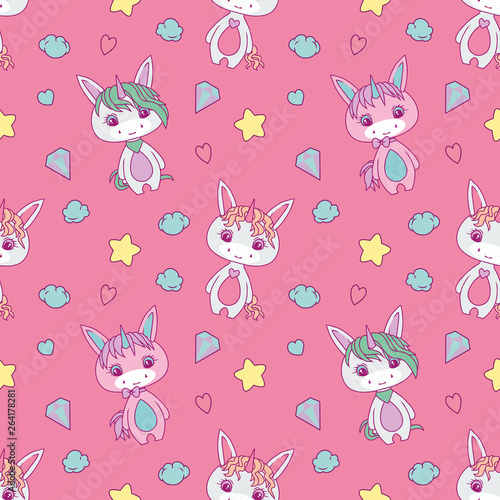 Cute seamless pattern for children with chubby white cartoon unicorns, stars, hearts, diamonds and clouds on pink background 