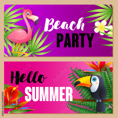 Beach Party, Hello Summer letterings set with exotic birds. Tourism, summer, vacation design. Handwritten and typed text, calligraphy. For leaflets, brochures, invitations, posters or banners.