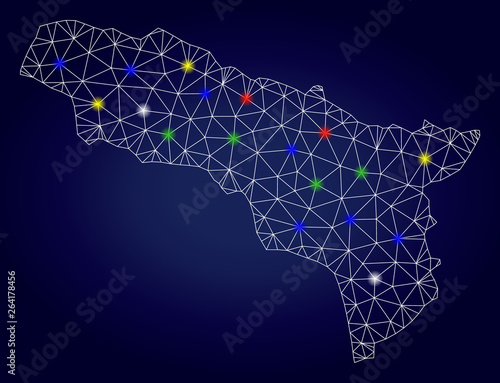 Glamour mesh vector Abkhazia map with glow light spots. Carcass model for political purposes. Abstract lines, dots, light spots are organized into Abkhazia map. Dark blue gradiented background.