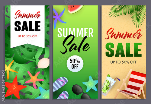 Summer sale letterings set, chaise longue and starfishes. Tourism, summer offer or sale design. Handwritten and typed text, calligraphy. For leaflets, brochures, invitations, posters or banners.