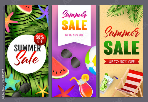 Summer sale letterings set, tropical plants, chaise longue and drinks. Tourism, summer offer or sale design. Handwritten and typed text, calligraphy. For brochures, invitations, posters or banners.