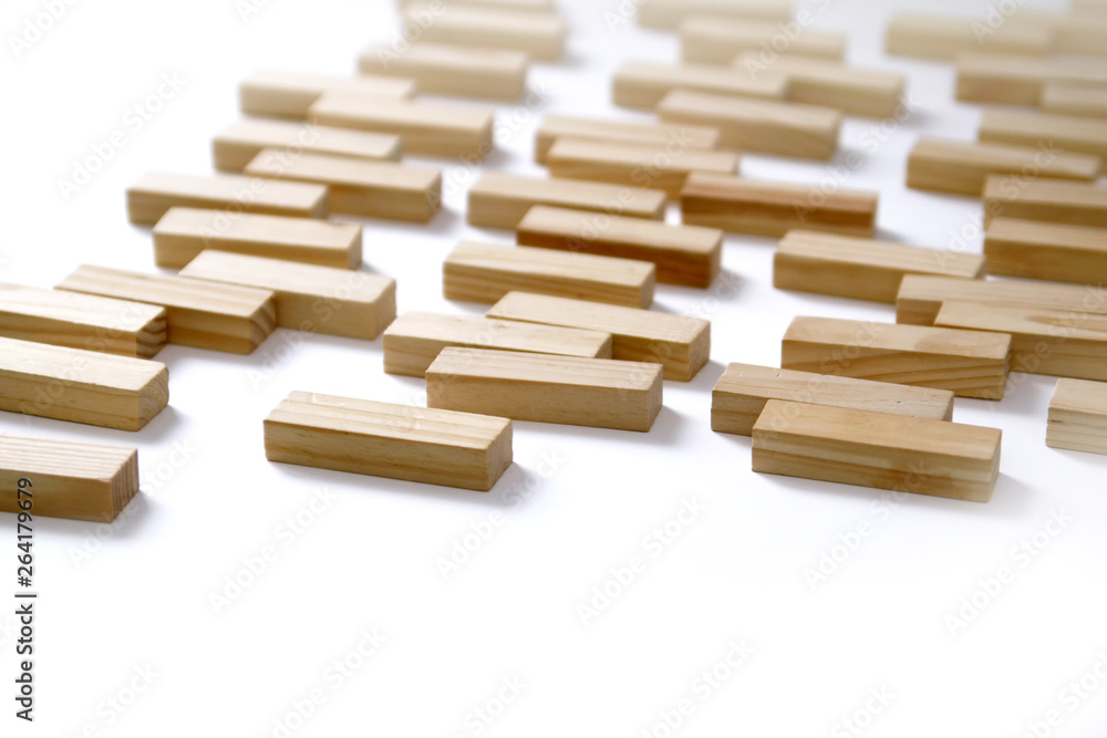 Wooden rectangles arranged differently over a white background. Copy space. Cover background template for the presentation, brochure, web, banner, catalog, poster, book, magazine