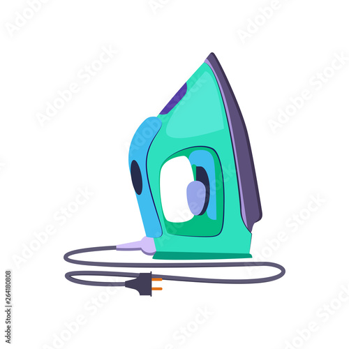Iron cartoon illustration. Green press iron with cord and plug. Home appliance concept. Vector illustration can be used for topics like housekeeping, laundry, equipment