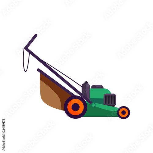 Modern lawn mower. Gardening grass cutter. Agriculture attributes concept. Vector illustration can be used for topics like garden tools, housekeeping, yard