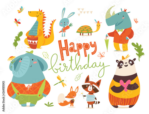 Happy birthday card or poster with happy wild animals. 