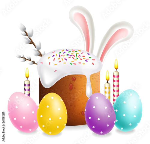 Easter Traditional sweet bread with colorful eggs Vector realistic