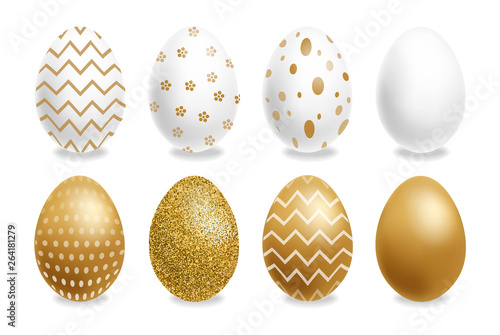 Easter painted golden eggs Vector realistic collection. Abstract ornamented c...