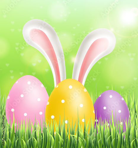 Easter colorful eggs on green grass background Vector realistic. Spring holid...