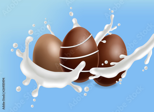 Chocolate eggs with milk splash Vector realistic. 3d detailed poster or label...
