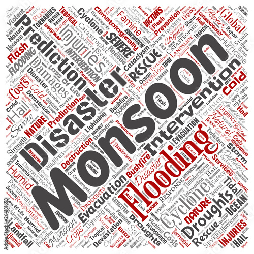 Vector conceptual monsoon dangerous weather square red meteorology word cloud isolated background. Collage of tropical dramatic storm force, strong wind blowing, rain hail thunderstorm concept design