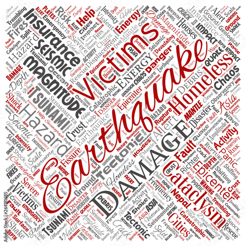 Vector conceptual earthquake activity square red word cloud isolated background. Collage of natural seismic tectonic crust tremble, violent tsunami waves risk, tectonic plates shifting concept design