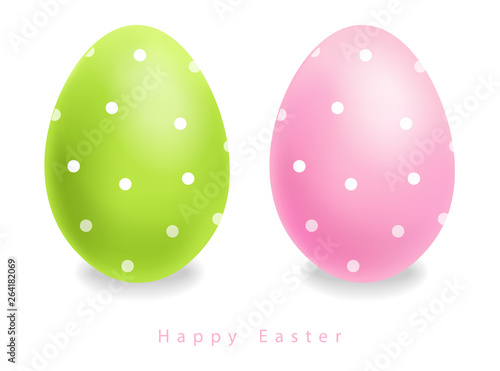 Green and pink Easter eggs with dots Vector realistic. Holiday cute design te...