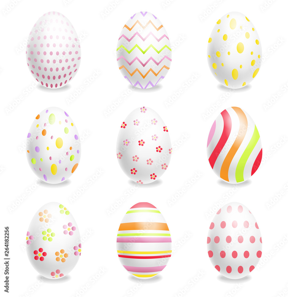 White Easter eggs set with ornaments Vector realistic. Spring holiday banner. 3d detailed poster templates