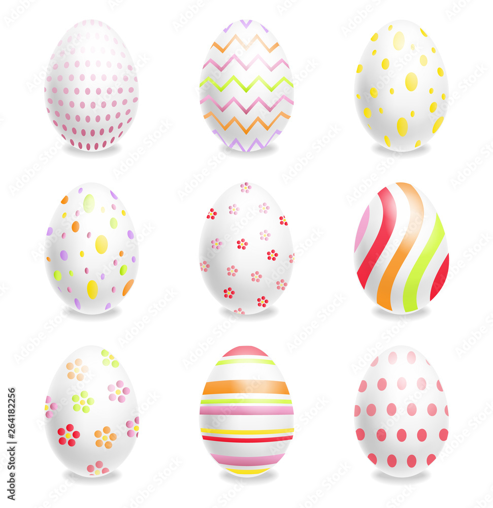 White Easter eggs set with ornaments Vector realistic. Spring holiday banner. 3d detailed poster templates White Easter eggs set with ornaments Vector realistic. Spring holiday banner. 3d detailed poster templates