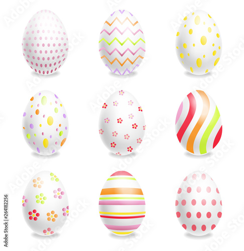 White Easter eggs set with ornaments Vector realistic. Spring holiday banner. 3d detailed poster templates