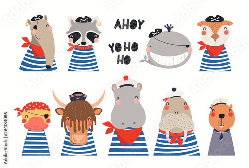 Big set of cute nautical animals in sailors, pirates costumes. Isolated objects on white background. Hand drawn vector illustration. Scandinavian style flat design. Concept for children print.