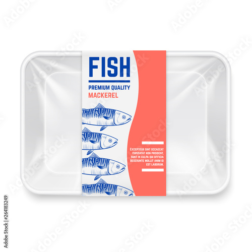 Realistic plastic container with hand drawn mackerel fish label vector design. Container box for mackerel fish illustration