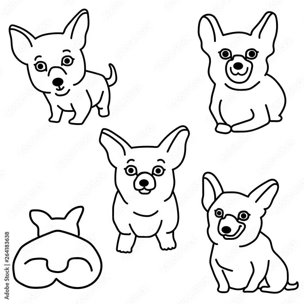 Set of funny dog Corgi isolated graphics on white background. Corgi in line-art. Set of funny dog Corgi isolated graphics on white background. Corgi in line-art.