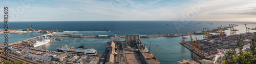 Aerial; drone view of port with shipyard silhouettes on the horizon; industrial cityscape in sunny weather with blue sky; process of ship repairing, logistic import export and transport background