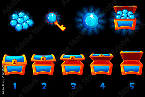 Animated treasure chest with blue precious gem. Step by step, full and empty, open and closed box. Vector Icons on separate layers.