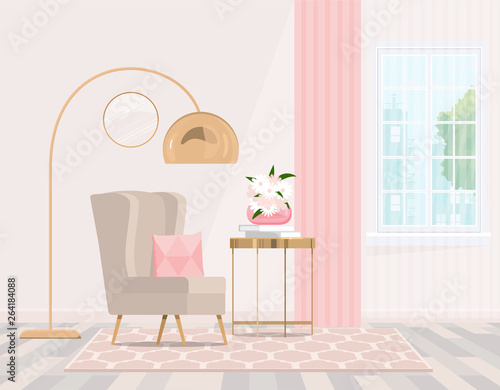 Beige chair by the window with pink curtains in a bright interior. Vector graphics.