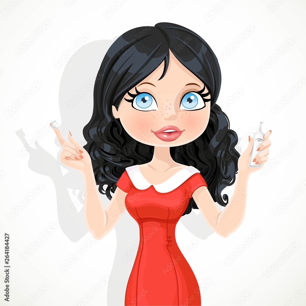 Beautiful brunette girl in red dress puts eye cream from a small tube isolated on a white background Beautiful brunette girl in red dress puts eye cream from a small tube isolated on a white background