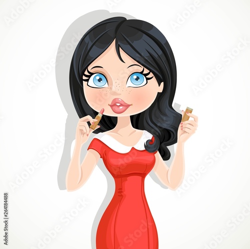 Beautiful brunette girl in red dress color lipstick isolated on a white background