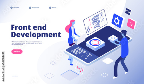 Front end development. Programmer develop computer website interface front-end graphics engineering programming landing vector page. Illustration of front-end development isometric programmer
