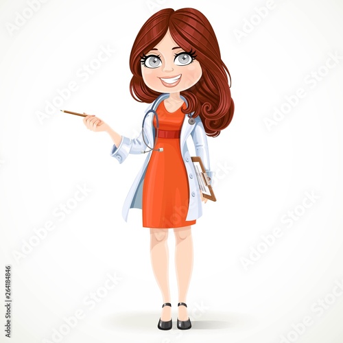 Beautiful girl doctor in a white medical coat shows pencil aside and hold in hand medical history on the document table  isolated on white background