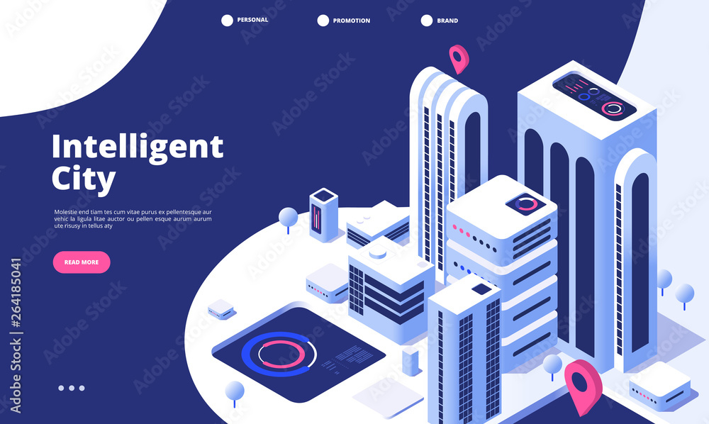 Smart city concept. Urban digital innovation office future city virtual town road smart skyscraper 3d isometric landing vector page. Illustration of smart city isometry web banner - obrazy, fototapety, plakaty 