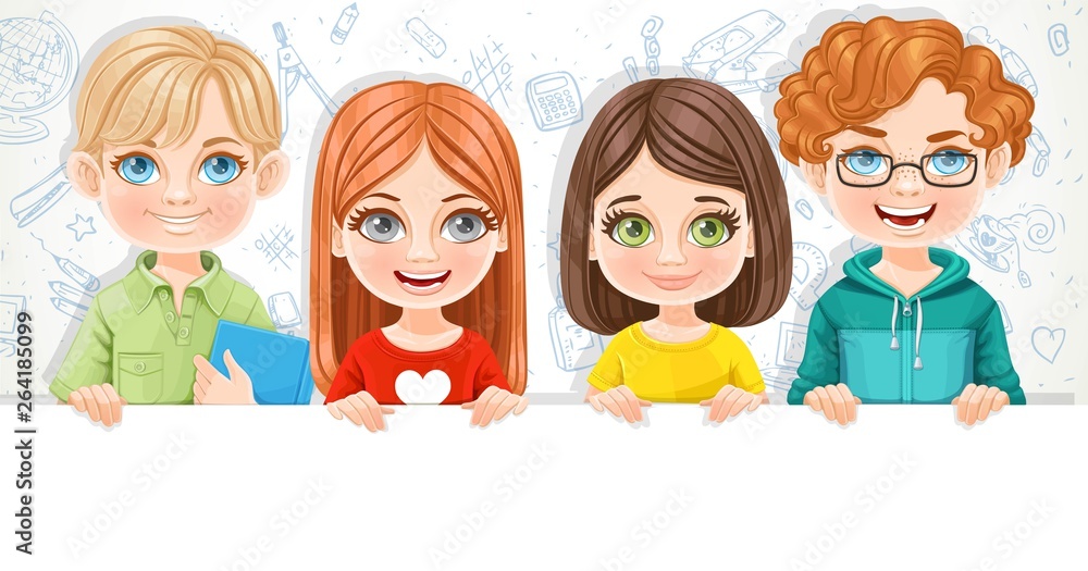 Cute boys and girls holds large white horizontal banner on a white background with school doodles Cute boys and girls holds large white horizontal banner on a white background with school doodles