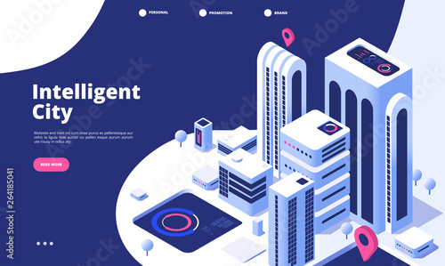 Smart city concept. Urban digital innovation office future city virtual town road smart skyscraper 3d isometric landing vector page. Illustration of smart city isometry web banner