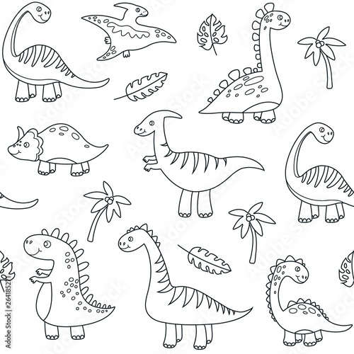 Dinosaur outline seamless pattern. Cute baby dino funny brontosaurus monsters jurassic animals dragon dinosaurs vector kids textile. Illustration of outline pattern dinosaur seamless, dino childish