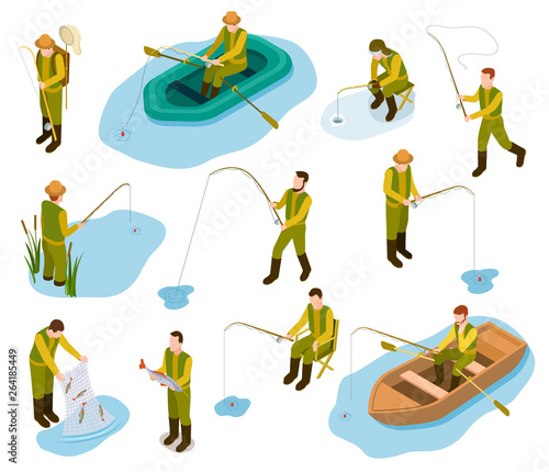 Fisherman isometric. Fishing in river pond sea tackle rubber fish bucket boat fishing rod 3d isometric vector set. Illustration of fishing isometric, fisherman on boat