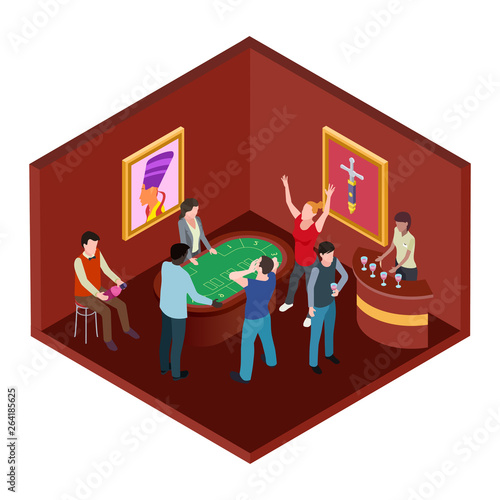 Casino room, 3d isometric gambling vector concept. Poker and jackpot, casino room isometry illustration