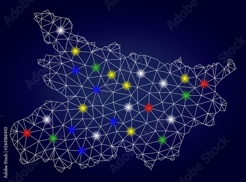 Bright mesh vector Bihar State map with glowing light spots. Lowpoly model for political templates. Abstract lines, dots, glare spots are organized into Bihar State map.