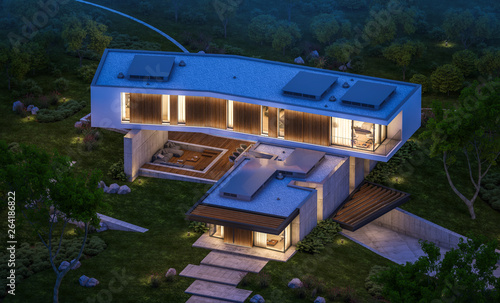 3d rendering of modern cozy house on the hill with garage and pool for sale or rent with beautiful landscaping on background. Clear summer night with many stars on the sky.