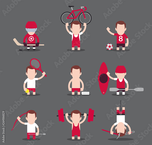 Vector characters symbolizing different kinds of sports. Hockey, Cycling, Football, Tennis, Swimming, Canoeing, Archery, Weightlifting, Climbing.