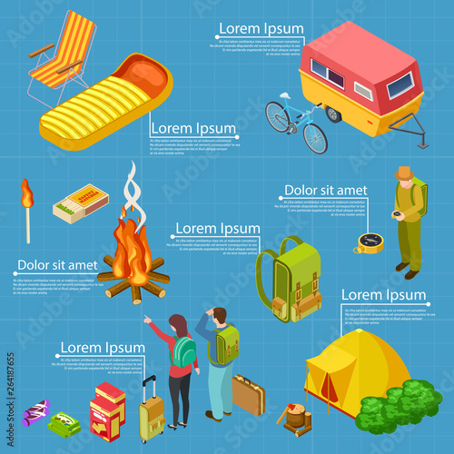 Tourism, camping isometric vector info banner template. Illustration of tourism and trekking, hiking and bonfire