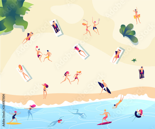 Summer beach people. Persons swim dive in sea relaxing sunbathing active family women men water games summer beach vector concept. Sea summer beach, tourism swimming and sunbathing illustration