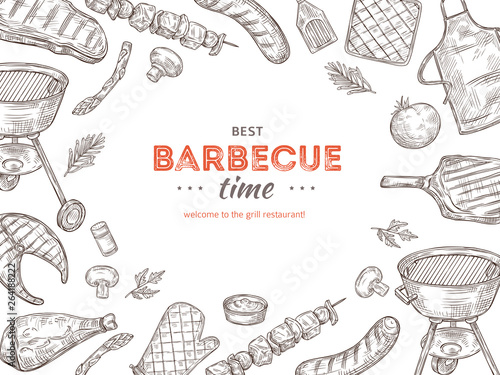 Vintage bbq poster. Barbeque doodle grill chicken barbecue grilled vegetables fried steak meat picnic summer party vector invitation. Illustration of summer barbecue meat, grill chicken and steak
