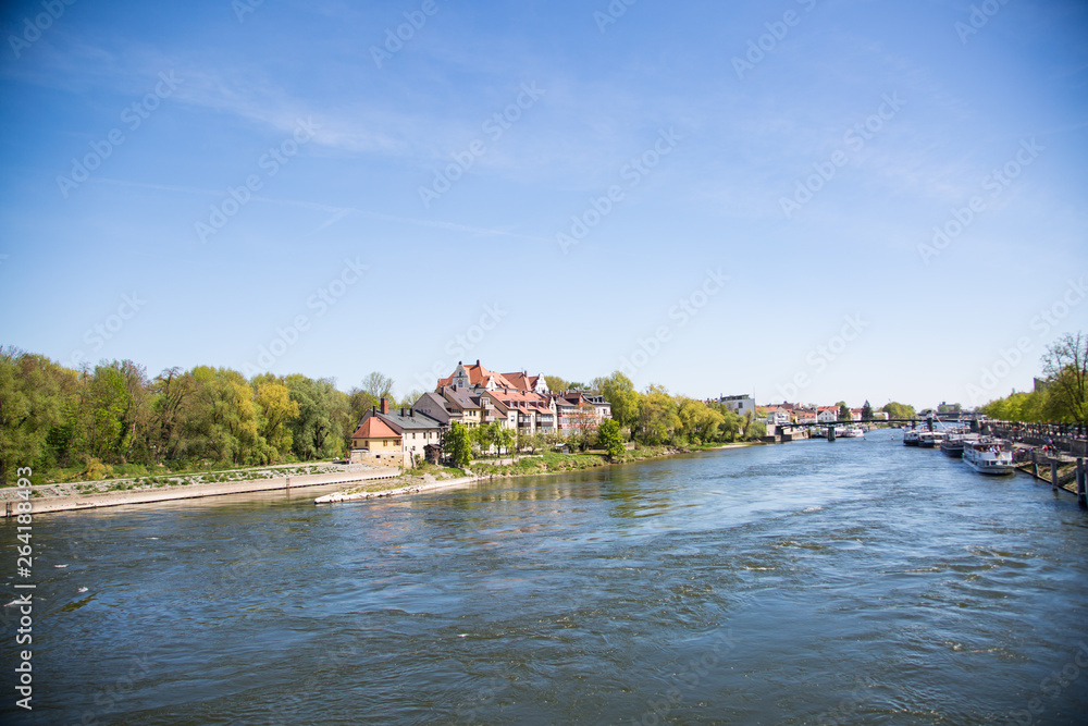 Fototapeta premium View from the stone bridge in Regensburg. Stone bridge