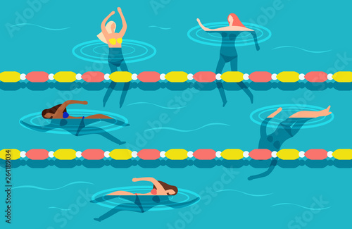 Group of women swimming in waterpool vector illustration. Woman swim in pool, sport swimming