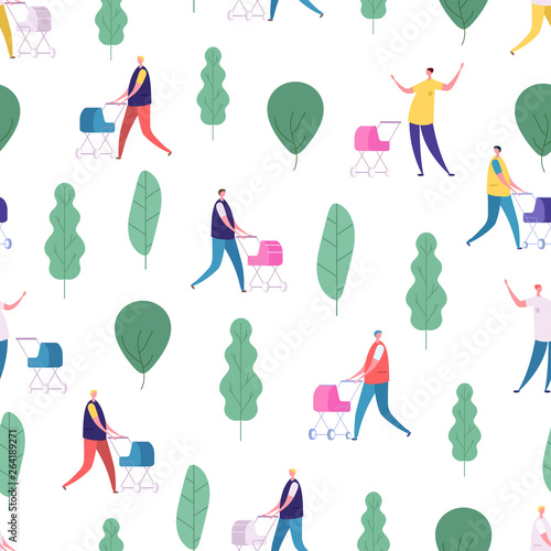 Men with baby strollers walk in the park vector pattern design. Father walk with baby, summer park illustration