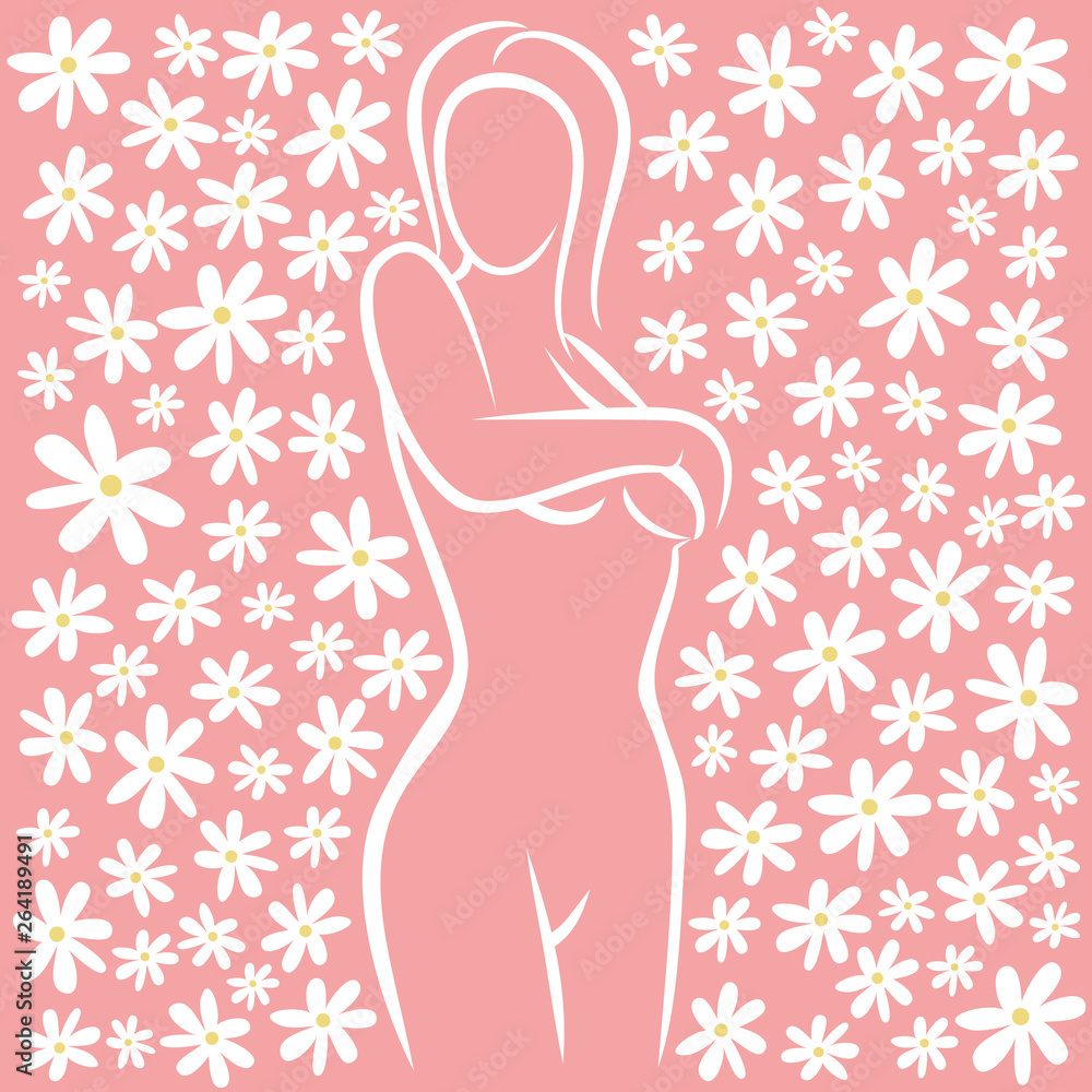 Woman health, vector female silhouette with chamomile flowers on pink background. Health woman body silhouette with flowers illustration Woman health, vector female silhouette with chamomile flowers on pink background. Health woman body silhouette with flowers illustration