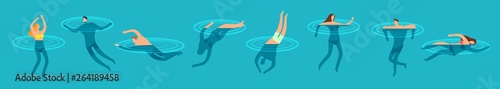 Swimming and diving people in ocean cartoon vector illustration. People diving and swim ocean or sea