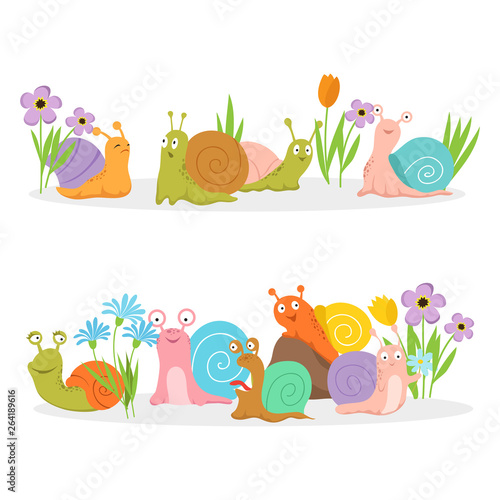 Group of cartoon character snails with flowers. Vector creature cochlea in grass and bright flowers illustration