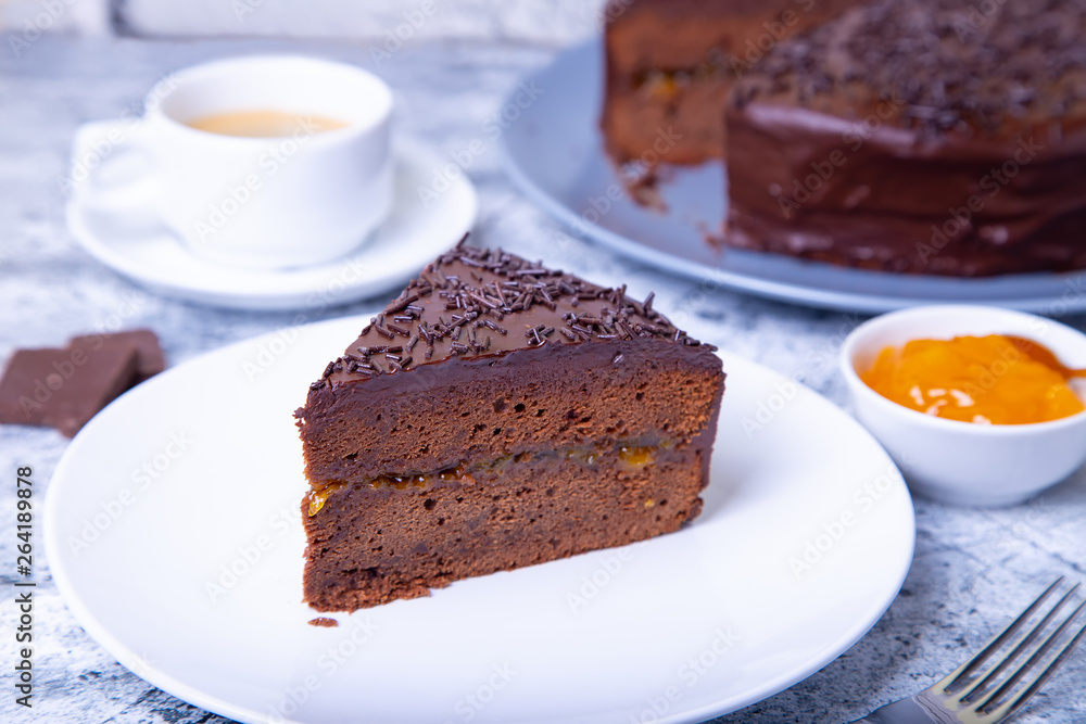 cake. Traditional Austrian chocolate dessert. Homemade baking. Selective focus, close-up. cake. Traditional Austrian chocolate dessert. Homemade baking. Selective focus, close-up.